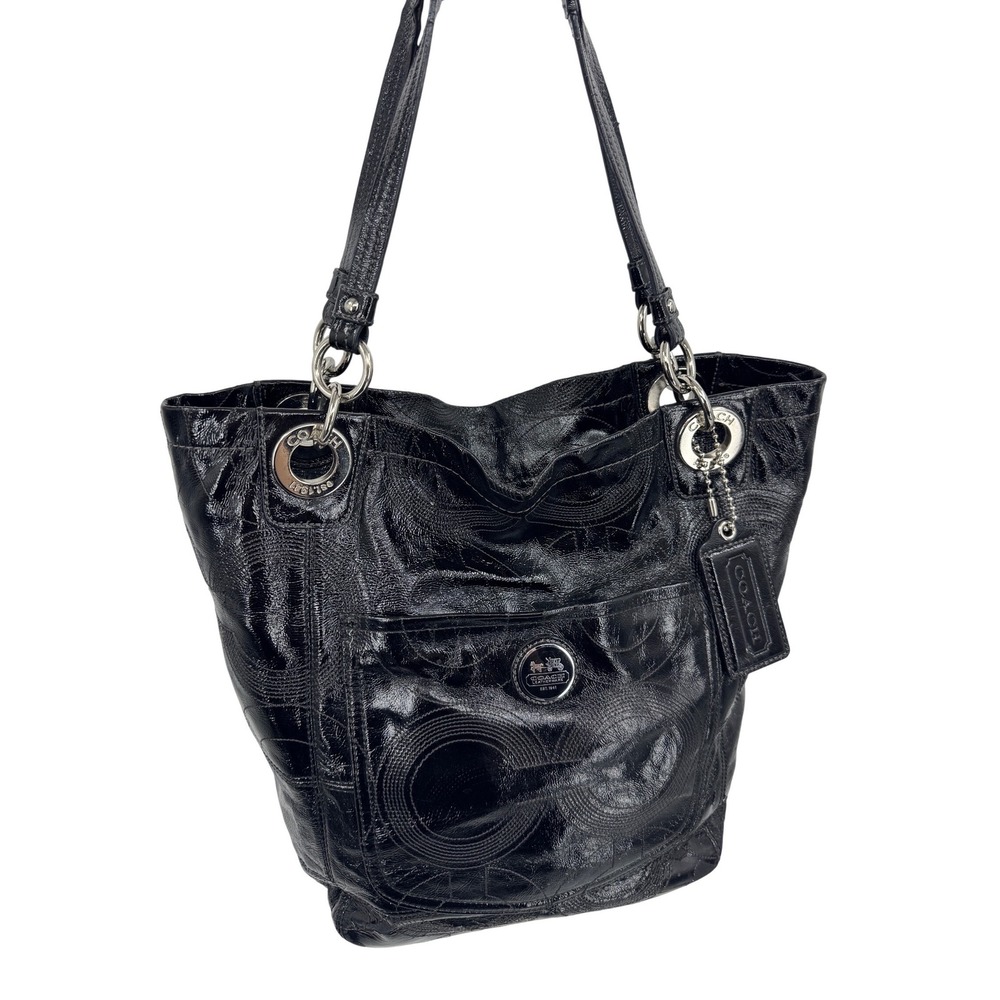 Vtg Coach Parker Op Art Shantung Black Patent Leather Tote Bag H0920-14265